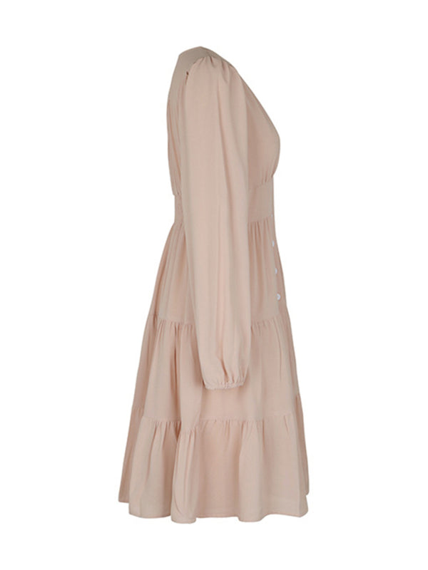 Solid Long-Sleeve V-Neck Button-Down Dress – Cracker Khaki