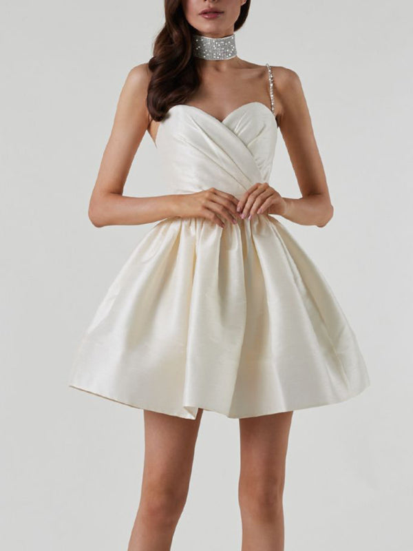 Rhinestone Pleated Suspender Dress – Sexy & Elegant