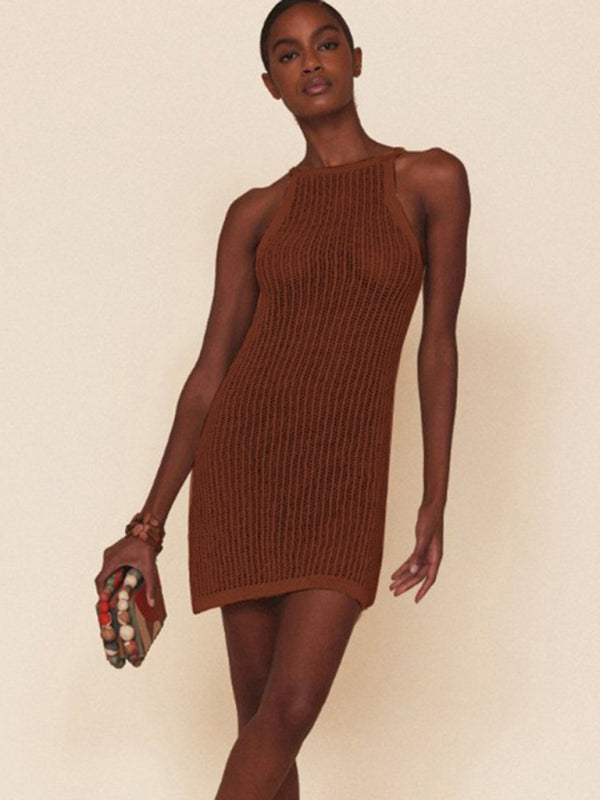 Boho Hollow Knit Beach Dress with Spaghetti Straps