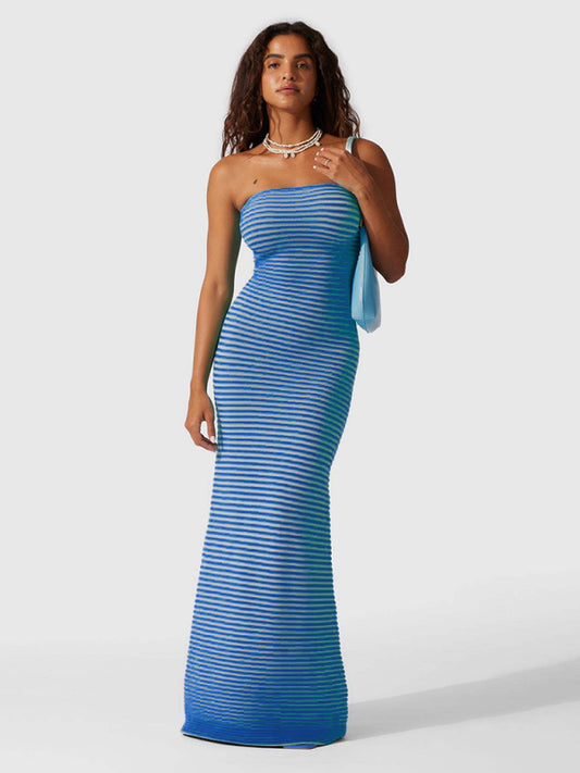 Tube top long knitted striped sexy slim fit hip-hugging dress
