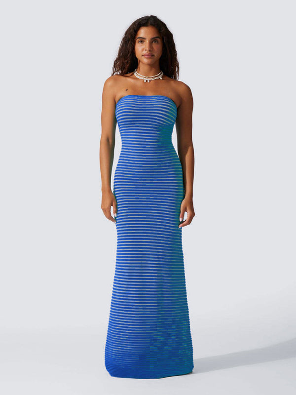 Tube top long knitted striped sexy slim fit hip-hugging dress
