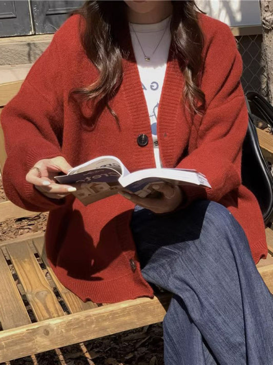 Women's Knit Button-Up Cardigan Red FREESIZE