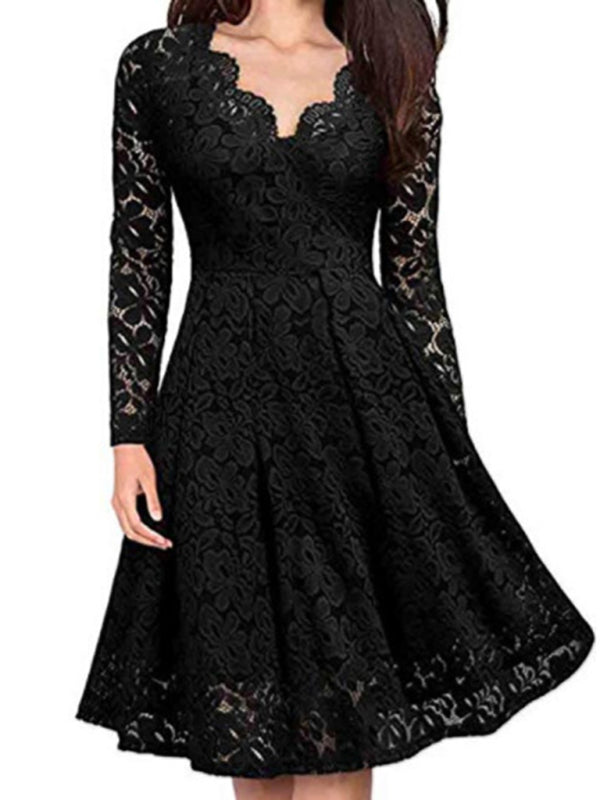 Lace Long Sleeve Midi Dress – Elegant X Silhouette for All Seasons