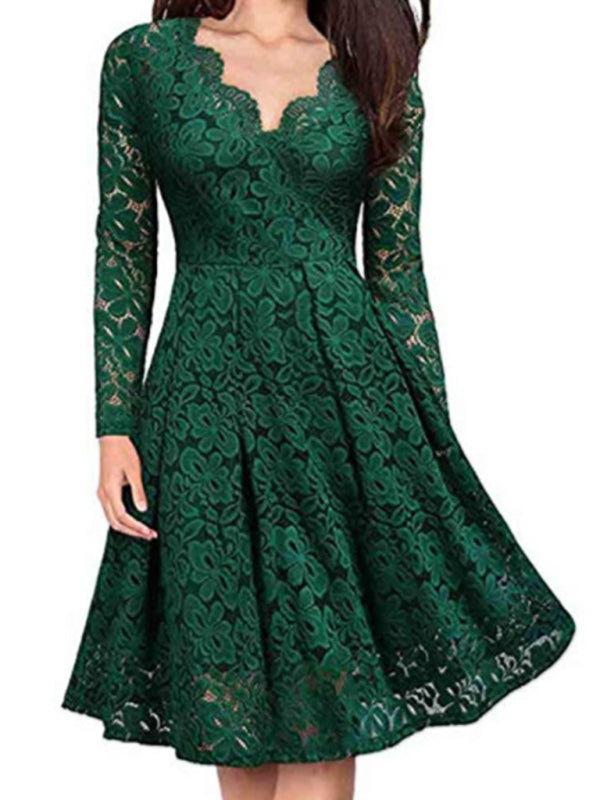 Lace Long Sleeve Midi Dress – Elegant X Silhouette for All Seasons