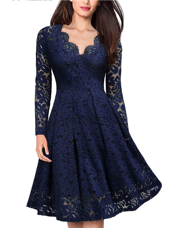 Lace Long Sleeve Midi Dress – Elegant X Silhouette for All Seasons