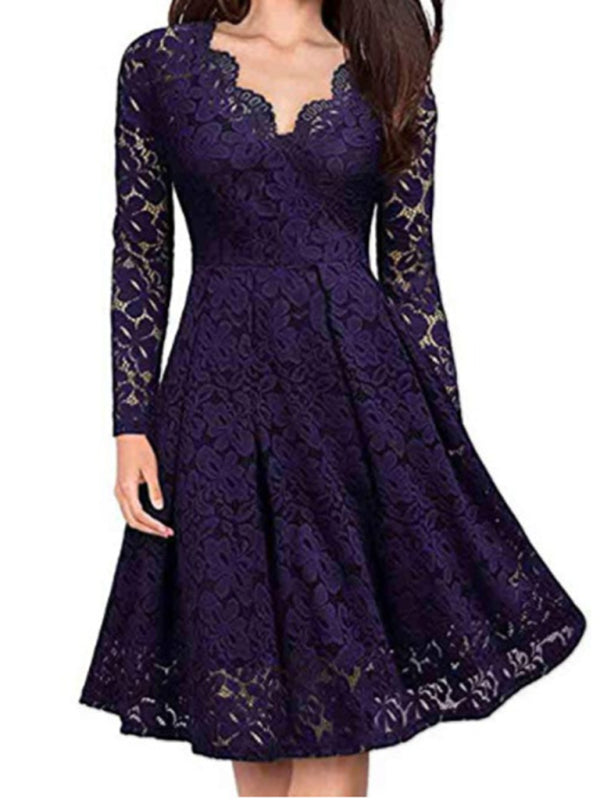 Lace Long Sleeve Midi Dress – Elegant X Silhouette for All Seasons