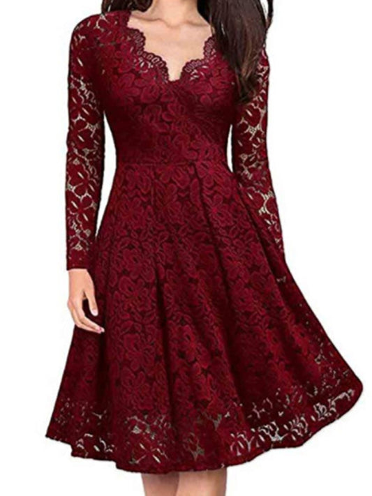 Lace Long Sleeve Midi Dress – Elegant X Silhouette for All Seasons