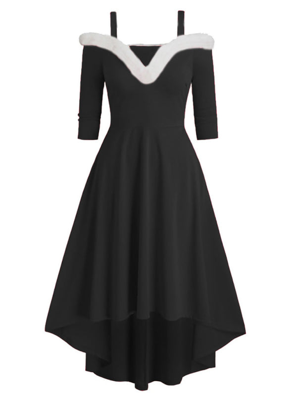 Plush Christmas Off-Shoulder High-Low Dress – Long Sleeve, Deep V, Knit Style