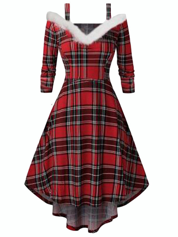 Plush Christmas Off-Shoulder High-Low Dress – Long Sleeve, Deep V, Knit Style