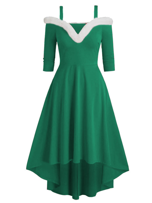 Plush Christmas Off-Shoulder High-Low Dress – Long Sleeve, Deep V, Knit Style