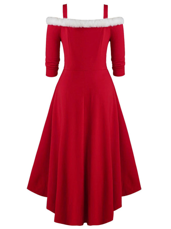 Plush Christmas Off-Shoulder High-Low Dress – Long Sleeve, Deep V, Knit Style