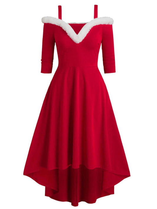 Plush Christmas Off-Shoulder High-Low Dress – Long Sleeve, Deep V, Knit Style