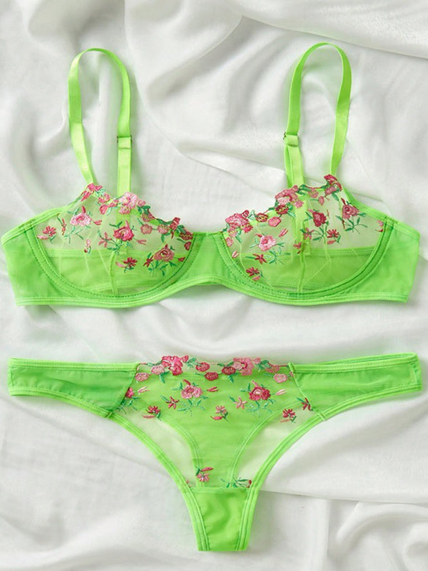 Floral Sheer Knit Lingerie Set – Soft Stretch Polyester Blend