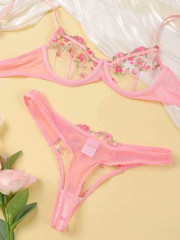 Floral Sheer Knit Lingerie Set – Soft Stretch Polyester Blend
