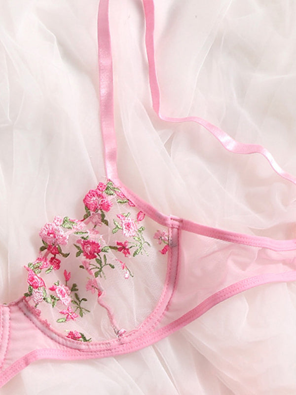 Floral Sheer Knit Lingerie Set – Soft Stretch Polyester Blend