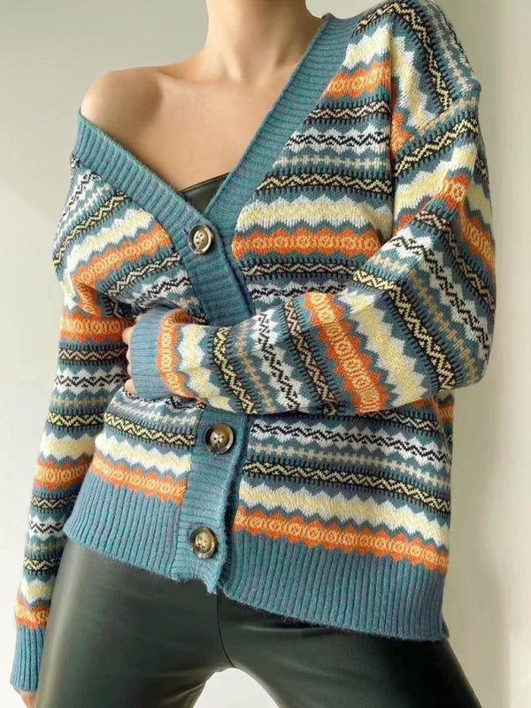 Contrast Knit Cardigan Sweater Jacket Blue