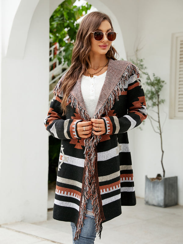 Women's Boho Fringed Jacquard Knit Cardigan