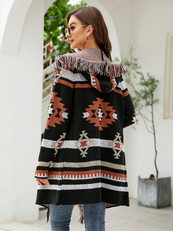 Women's Boho Fringed Jacquard Knit Cardigan