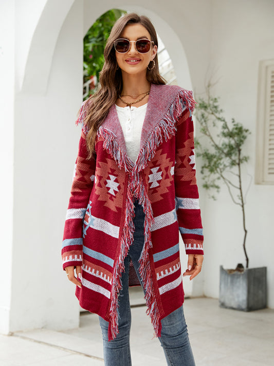 Women's Boho Fringed Jacquard Knit Cardigan Red