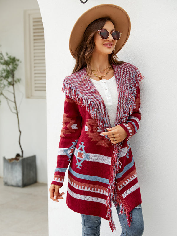 Women's Boho Fringed Jacquard Knit Cardigan