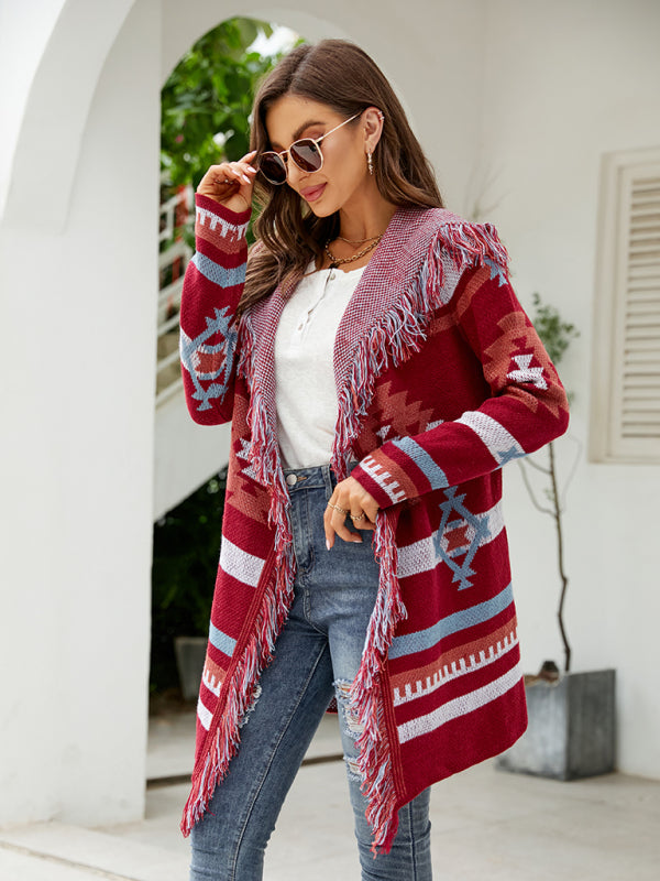 Women's Boho Fringed Jacquard Knit Cardigan
