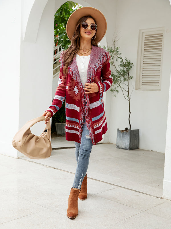 Women's Boho Fringed Jacquard Knit Cardigan