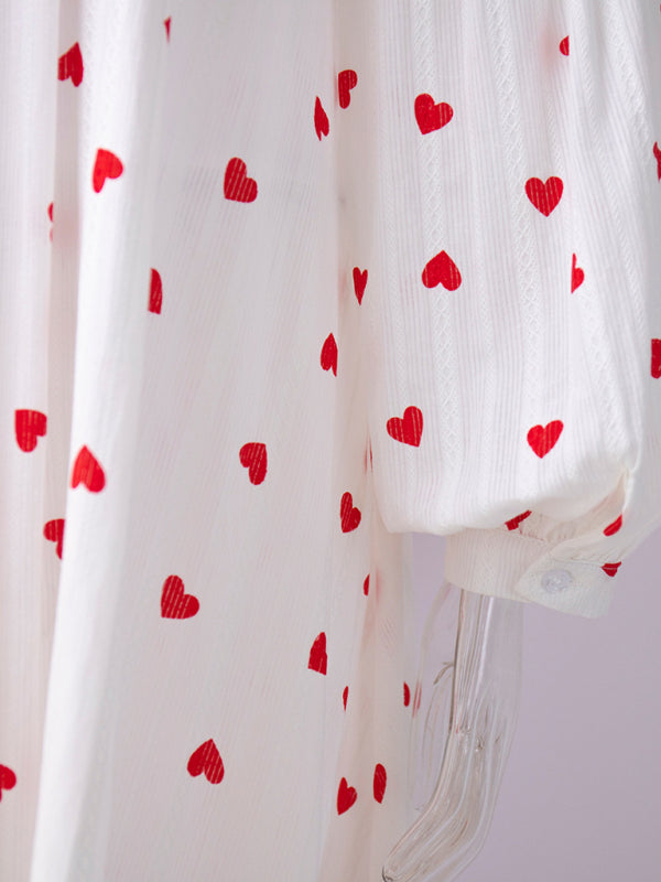 Red Love Print Cotton Swing Dress – Long Lantern Sleeves, Romantic Style