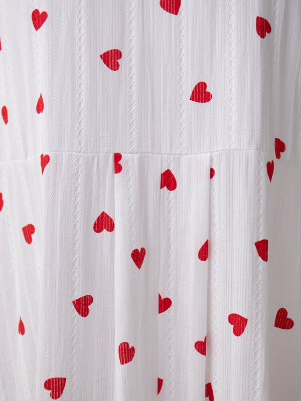 Red Love Print Cotton Swing Dress – Long Lantern Sleeves, Romantic Style