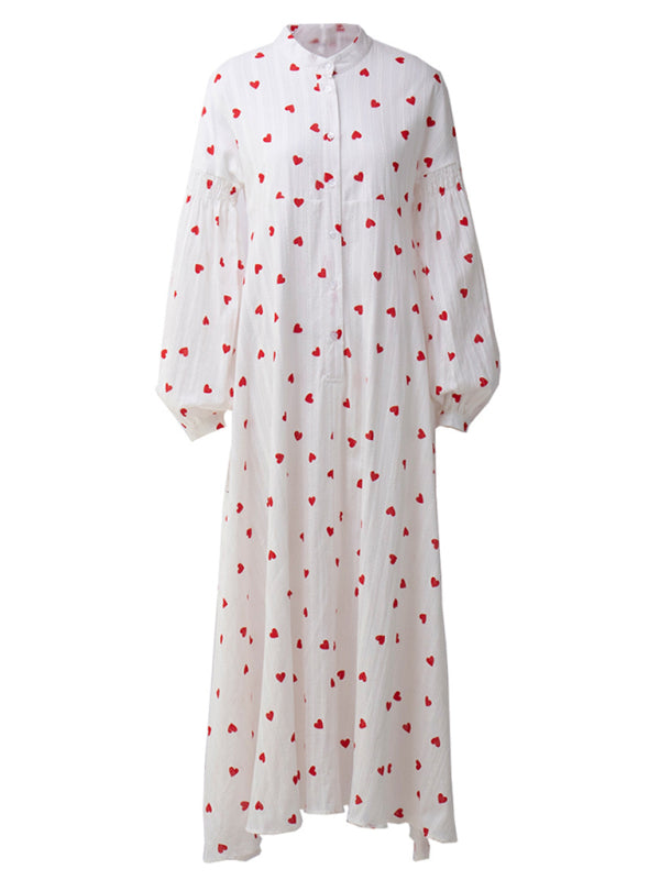 Red Love Print Cotton Swing Dress – Long Lantern Sleeves, Romantic Style