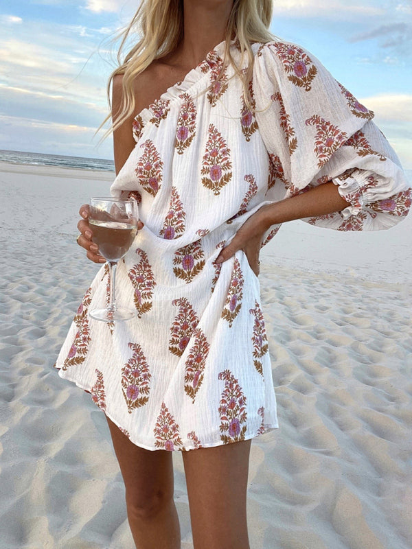 One-Shoulder Lantern Sleeve Dress – White, Lightweight, Spring Leisure Style