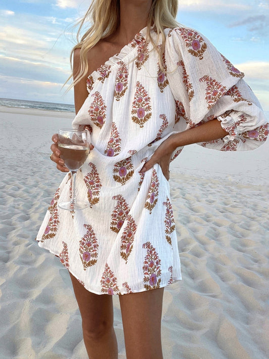 One-Shoulder Lantern Sleeve Dress – White, Lightweight, Spring Leisure Style