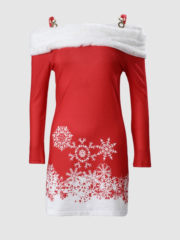 Christmas Off-Shoulder Furry Suspender Dress – Festive Knit Partywear