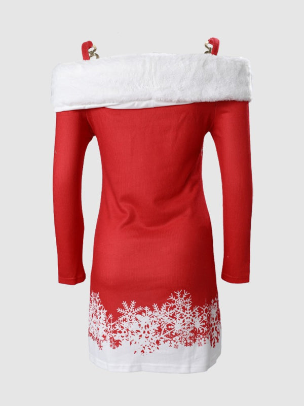 Christmas Off-Shoulder Furry Suspender Dress – Festive Knit Partywear