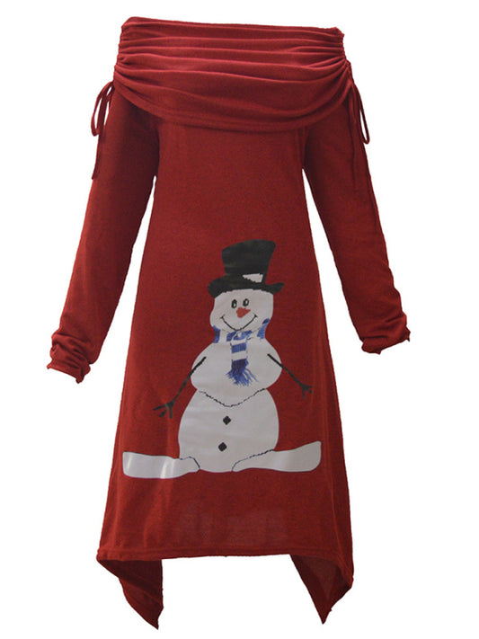 Damenkleid mit Kordelzug und Weihnachts-Schneemann-Print