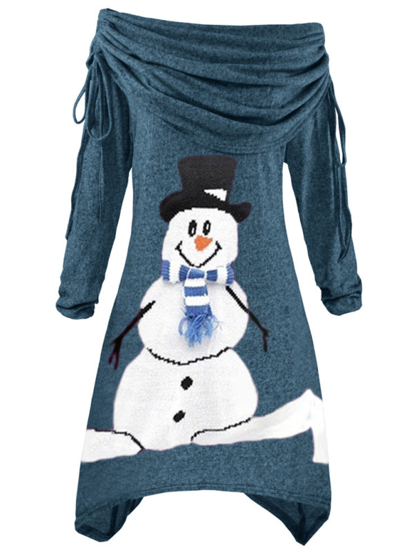 Damenkleid mit Kordelzug und Weihnachts-Schneemann-Print