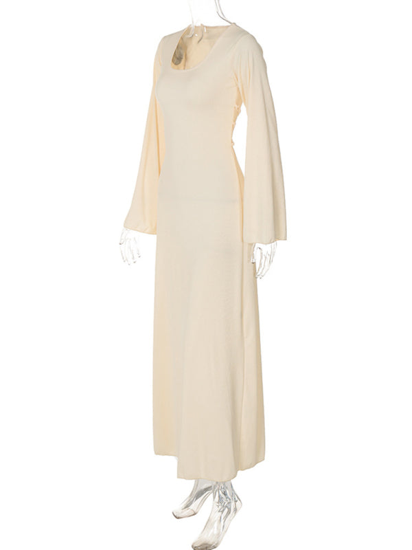 U-Neck Tie-Back Long Sleeve Bodycon Dress