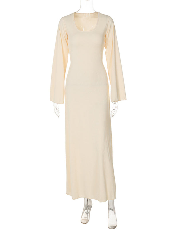 U-Neck Tie-Back Long Sleeve Bodycon Dress