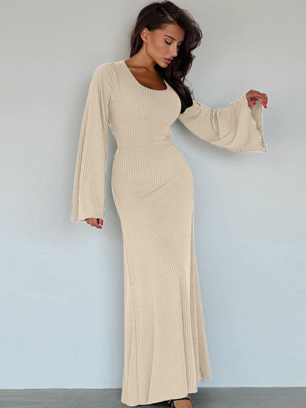 U-Neck Tie-Back Long Sleeve Bodycon Dress