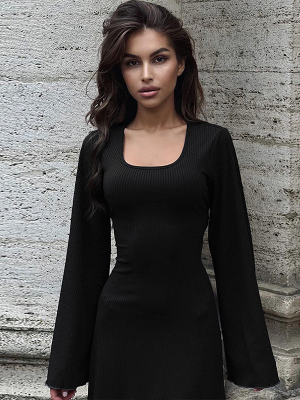 U-Neck Tie-Back Long Sleeve Bodycon Dress