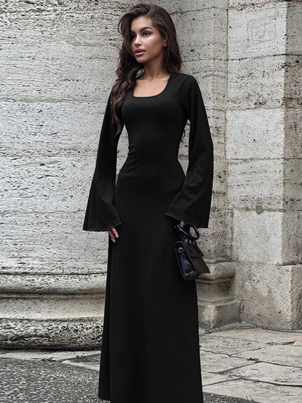 U-Neck Tie-Back Long Sleeve Bodycon Dress