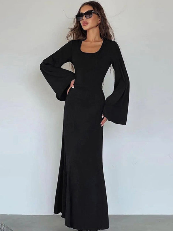 U-Neck Tie-Back Long Sleeve Bodycon Dress