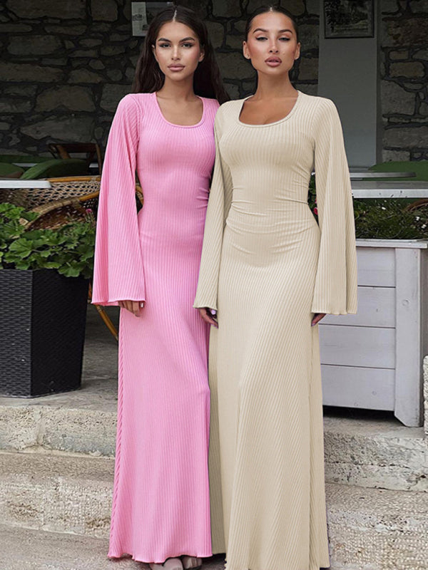 U-Neck Tie-Back Long Sleeve Bodycon Dress