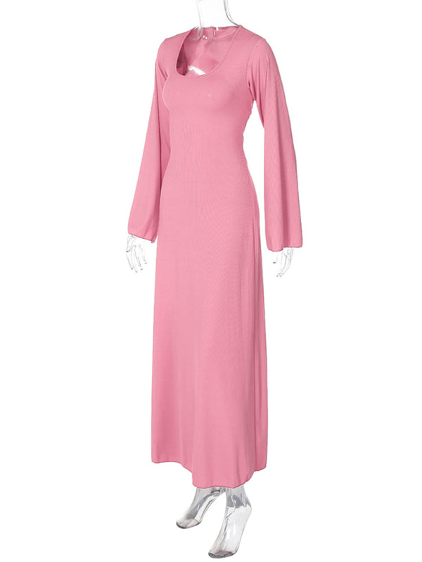 U-Neck Tie-Back Long Sleeve Bodycon Dress