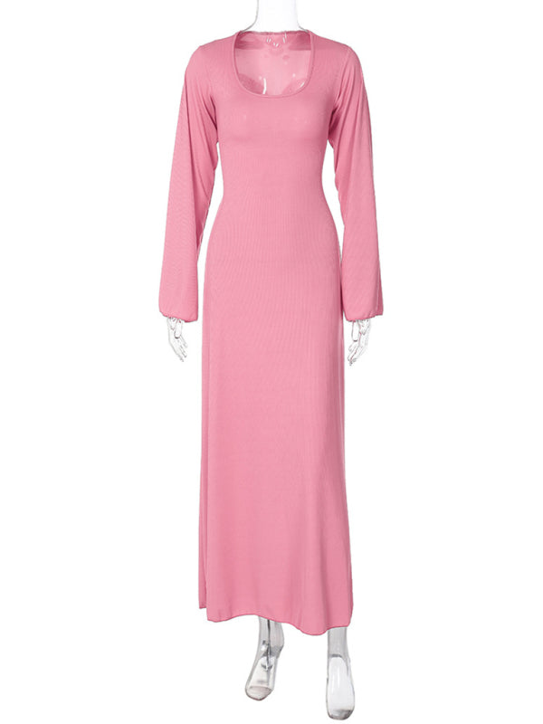 U-Neck Tie-Back Long Sleeve Bodycon Dress