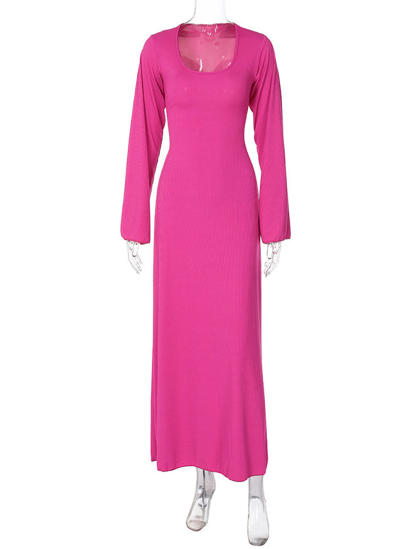 U-Neck Tie-Back Long Sleeve Bodycon Dress