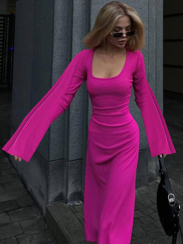 U-Neck Tie-Back Long Sleeve Bodycon Dress