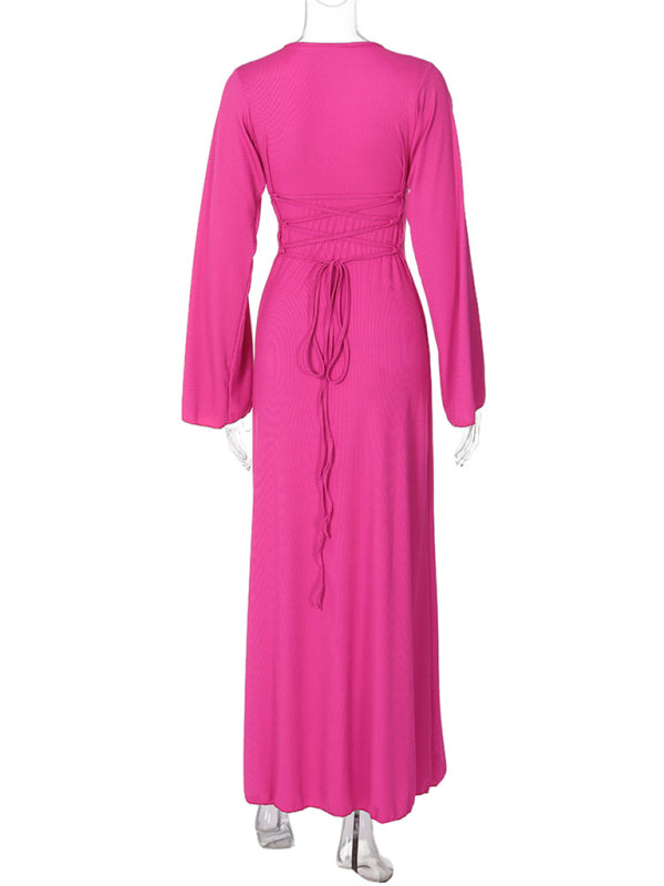 U-Neck Tie-Back Long Sleeve Bodycon Dress