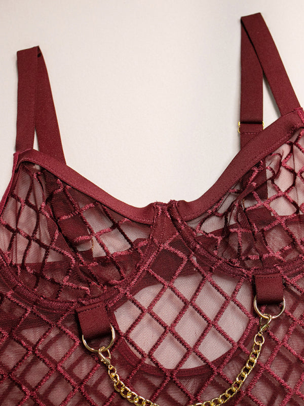 Mesh Fishnet Lace Lingerie Set with Chain Detailing – Backless & Elegant