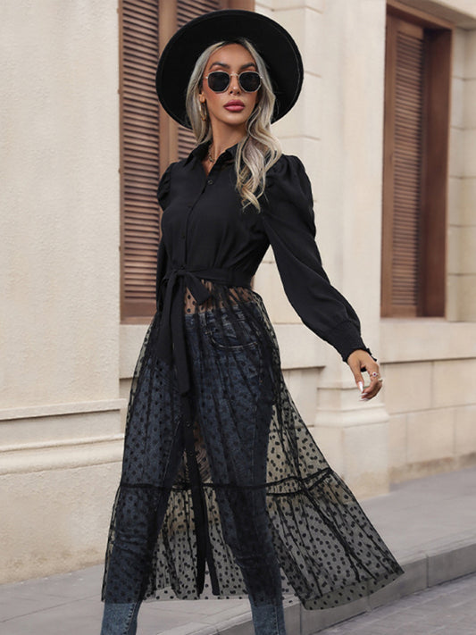 Elegant Long-Sleeve Patchwork Shirt Dress – Classic Black, Flattering Fit