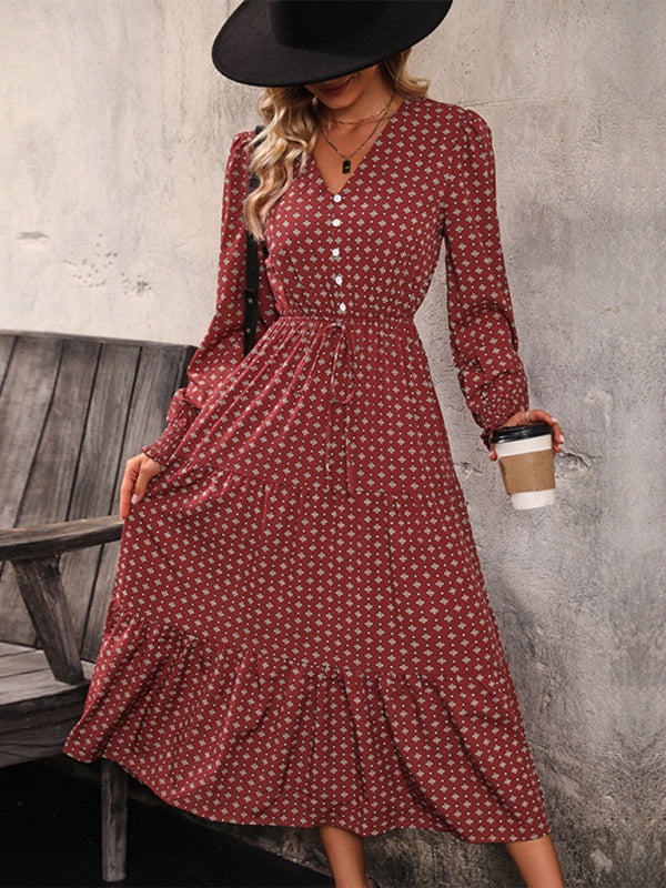 Long Sleeve V-Neck Waist Dress – Printed Wine Red, Flowy Fit, All-Season Style